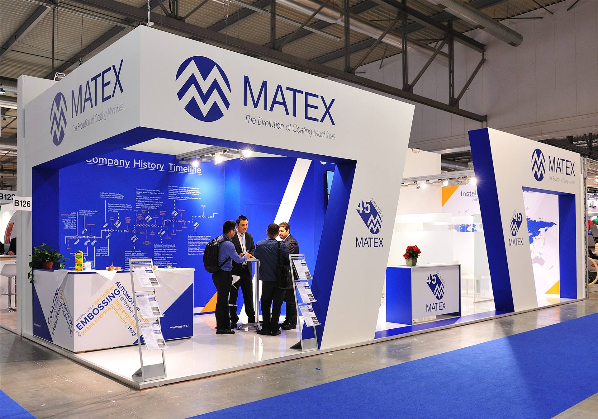 Blue and white exhibition stand